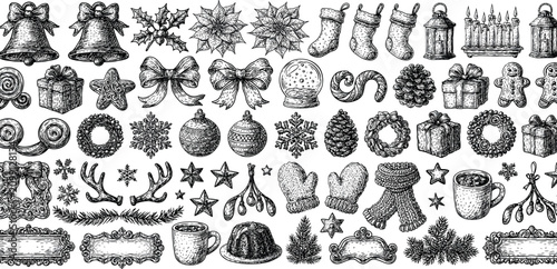 Vintage Hand Drawn Christmas Elements Mega Set, Engraved Winter Holiday Clipart Vector Collection.