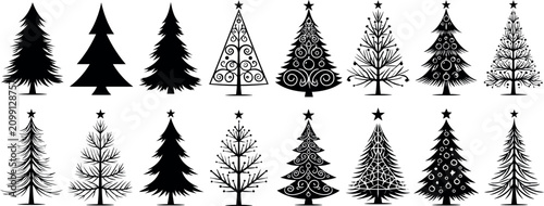 Black Christmas tree silhouettes. Vector illustration of decorated trees.