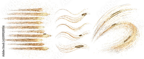 Abstract Gold Dust Texture Brush Strokes and Dynamic Motion Trails Vector Set.