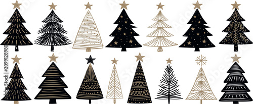 Modern Hand Drawn Christmas Trees Vector, Abstract Black Gold Pine Tree Doodle Collection.