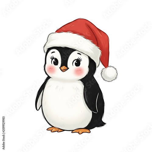 Cute Cartoon Penguin Wearing Santa Hat for Holiday Season.
