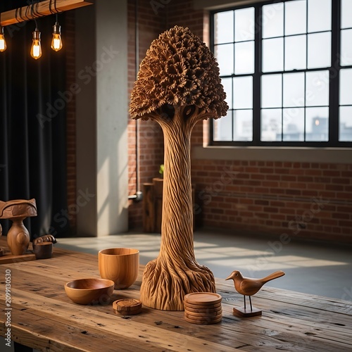 Artistic Wooden Tree Sculpture with Bird Decor in Modern Interior.