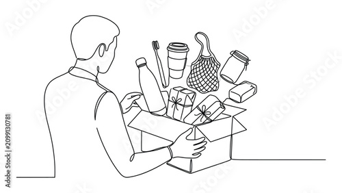 Continuous line drawing of a person unpacking a box with zero waste eco friendly items