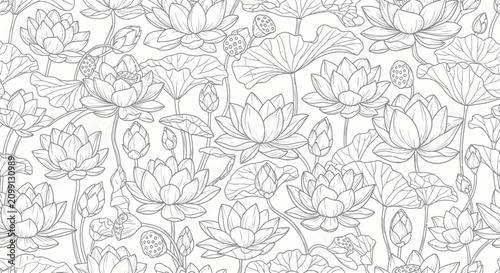 Obraz na płótnie Hand Drawn Lotus Flower Seamless Pattern