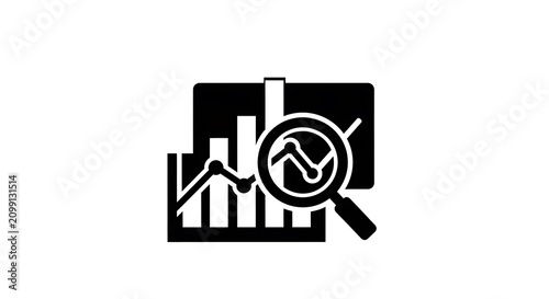 Data analysis icon with a magnifying glass over a bar chart and line graph