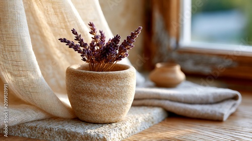 Rustic pot with dried lavender flowers rests on a stone window sill, evoking a sense of calm and natural home decor.