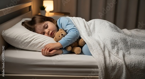 Young Girl Sleeping Peacefully with Teddy Bear in Bedroom.