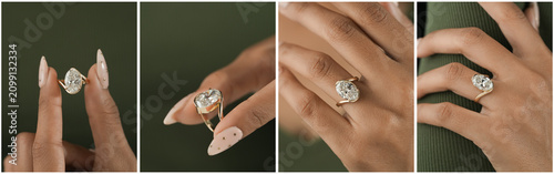 Obraz na płótnie collage of close up shots showing a luxury gold engagement ring with a large oval diamond on a womans hand