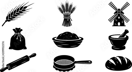 Photos Wheat Harvest and Bakery Production Silhouette Icon Set with Flour Sack, Windmil