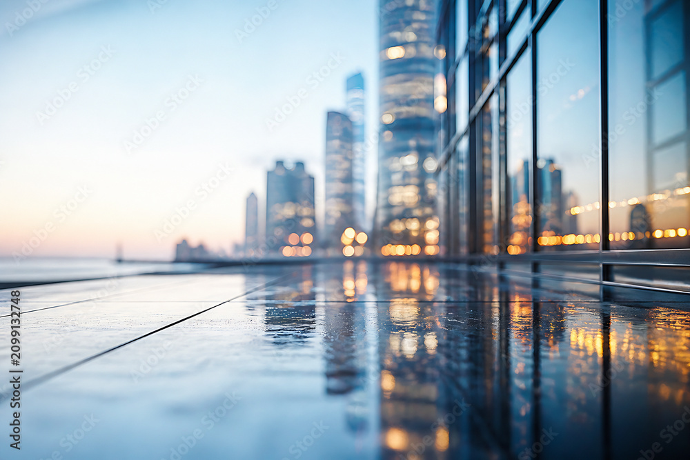 Obraz premium A modern cityscape skyline reflected in a wet, reflective surface at dusk or dawn.