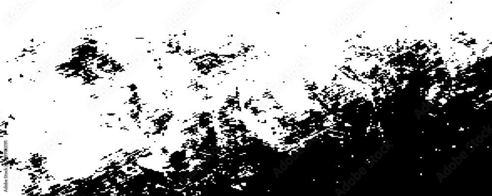 Obraz premium Abstract grunge texture with black noise and distressed paint splatters on a white background. Weathered rustic effect template for creative overlays, panoramic banners, and modern designs.