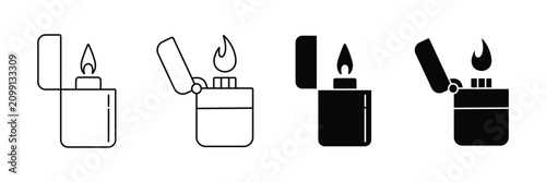 фотографія Flip Top Lighter Vector Icon Set, Cigarette Lighter with Flame Outline and Silho