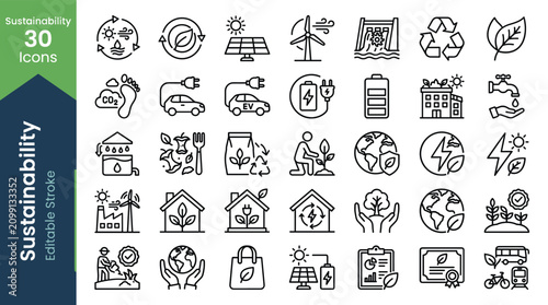 Fotografie Sustainability line icons set, 30 green energy and ecology vector symbols, edita
