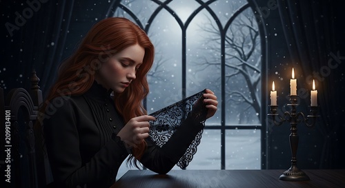 Gothic Woman with Candlelit Window Scene.