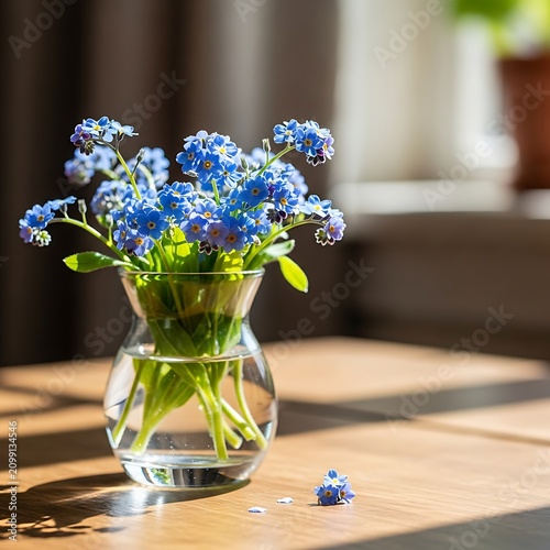 Beautiful Blue Flowers in Clear Glass Vase on Wooden Table.