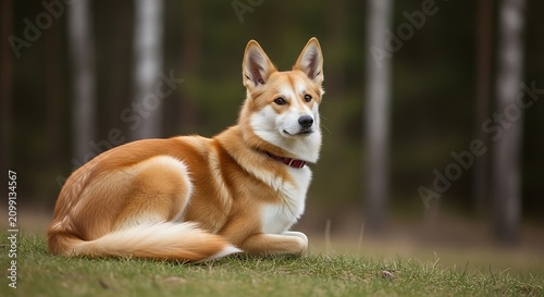 Relaxed Dog Resting in Forest Environment.