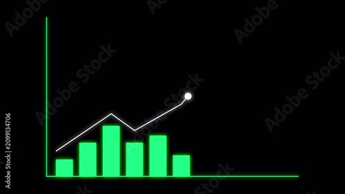 Neon Green Business Growth Bar Chart and Rising Line Animation with Alpha Channel