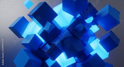 Abstract Blue Cubes with Glowing Light Effects for Digital Design.