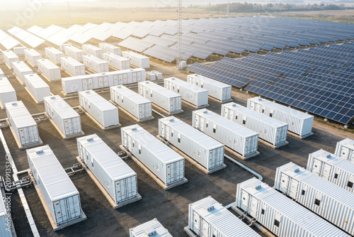 Konstfotografi Large solar farm with rows of battery storage containers and solar panels