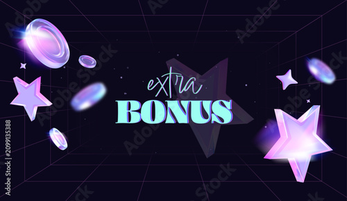 Casino bonus sale banner with holographic 3D coins, neon stars, retro cyber grid, Y2K style and dark gambling promotion design for online casino offer
