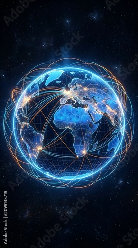 Futuristic global internet data transmission visualization showing interconnected communication links around a digital planet. 