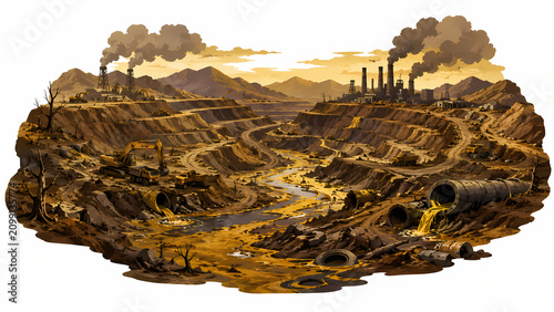 An illustrative depiction of industrial pollution showing a devastated valley with active factories emitting dark smoke and toxic waste leaking from large pipes into a contaminated river.