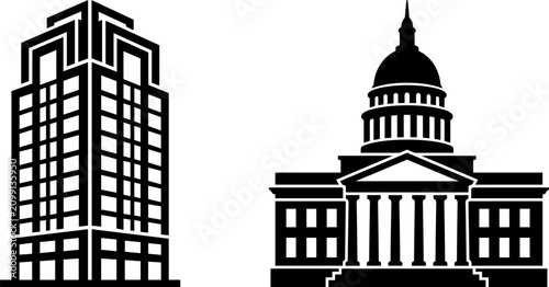 Konstfotografi Government and Corporate Architecture Silhouette Icon Set with Classical Capitol
