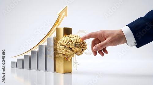 Hand pointing at golden AI brain on financial growth bar chart.