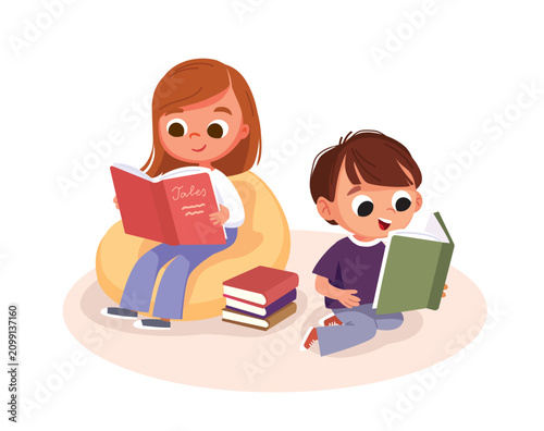 Some children with books sitting on floor while reading books with pleasure and curiosity. Little kids are reading and dreaming. Children are immersed, absorbed in reading. Kids are captivated by read