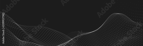 Abstract background with dynamic black and white wave. Futuristic dotted wave of bright particles on dark background. Background for presentation design. Wide format vector illustration.