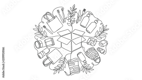 Zero waste lifestyle hand drawn illustration with eco friendly products and open box