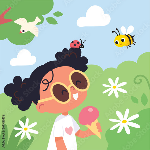 A little girl with an ice cream and a ladybug in her hair walks in nature, looking with interest at the surrounding world—at birds and bees. Unity, the first acquaintance with nature. The girl is abso