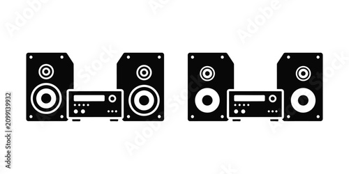 Tableau sur toile Set of Two Black Stereo Speaker Systems with Audio Receivers Isolated on White B