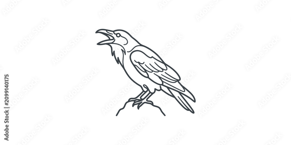 Obraz premium Black and white line art illustration of a cawing raven.