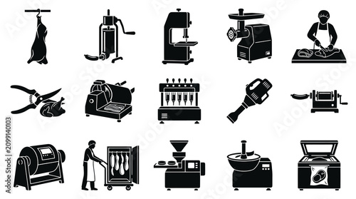 Black  White Glyph Icons: Butchery, Meat Processing Tools, and Food Industry Equipment Set