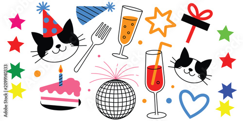 Celebration party elements set with cat, birthday cake, disco ball, champagne, and colorful stars for festive event design and graphic projects.