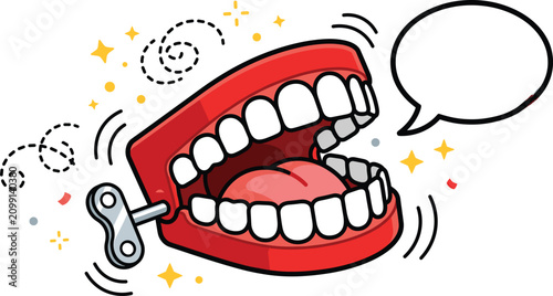 Bild auf Leinwand Funny chattering teeth wind up toy cartoon character with speech bubble vector i