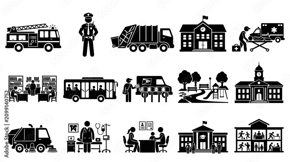Naklejka premium Black and White Glyph Icons: Public and Community Services, Essential Workers, Buildings, and Vehicles