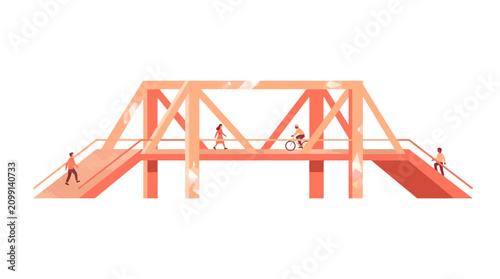 Minimalist Vector Illustration of Orange Truss Pedestrian Bridge with People and Cyclist
