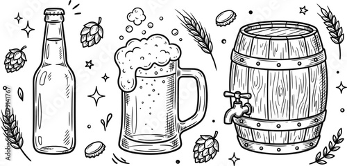 Craft brewery barrel glass mug and bottle sketch set, beer vector icons on white backgroundCraft brewery barrel glass mug and bottle sketch set, beer vector icons on white background
