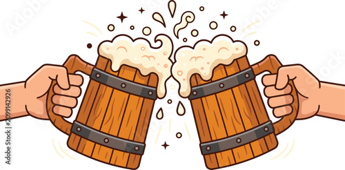 Hands holding wooden beer mugs clinking with foam splash, celebration pub vector illustration on white background
