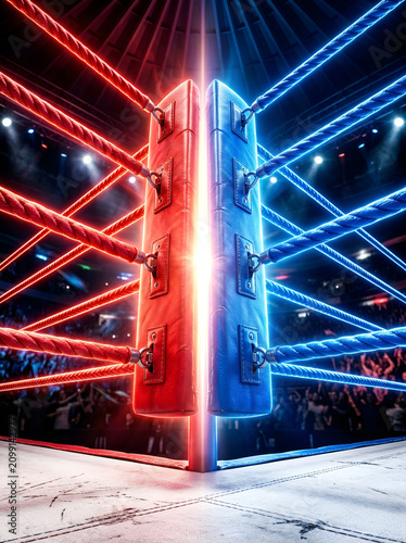 Professional boxing ring corner featuring red and blue padded posts and tensioned ropes under bright arena spotlights with a blurred spectator background in a sports stadium.