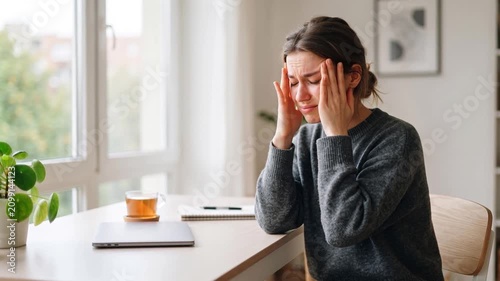 Stressed young woman suffering from severe headache or migraine while working at home