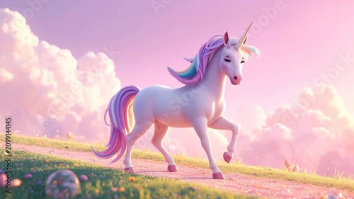 Beautiful white unicorn with colorful mane running on field under pink clouds