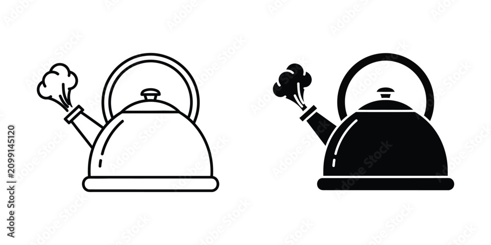 Fototapeta premium Set of steaming kettle icons in outline and solid black styles for kitchen and beverage design