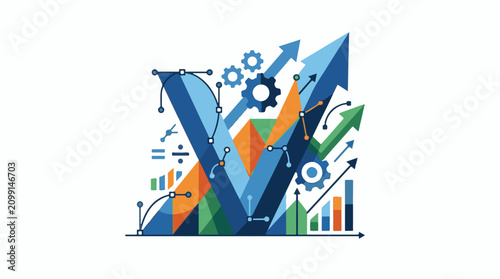 Abstract upward arrows gears graphs and mathematical symbols denote growth