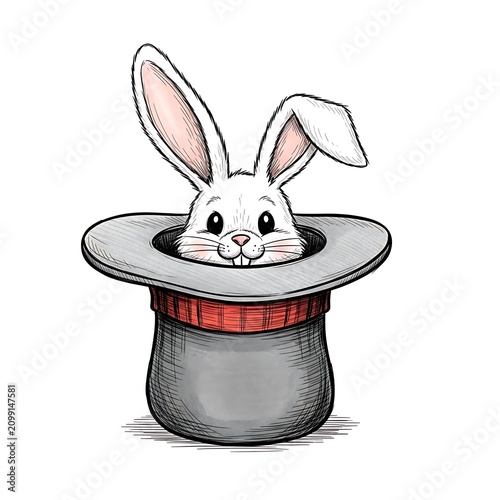Cute Bunny Peeking Out of Magic Hat Illustration.