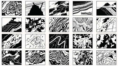 Black  White Geological Diagrams Collection: Earth Science Line Art Illustrations of Folds, Faults, Maps, Stratigraphy.