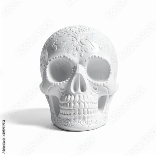 White ceramic skull ornament minimal studio shadow decorative object halloween home decor gothic skeleton