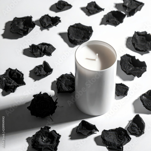 White pillar candle black rose petal moody still life dried petal shadow white surface minimal composition dark floral arrangement